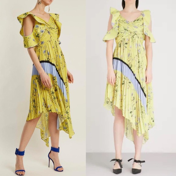 Self Portrait, NWT Yellow Floral Asymmetrical Midi Cocktail Dress, size 6 - Picture 14 of 16